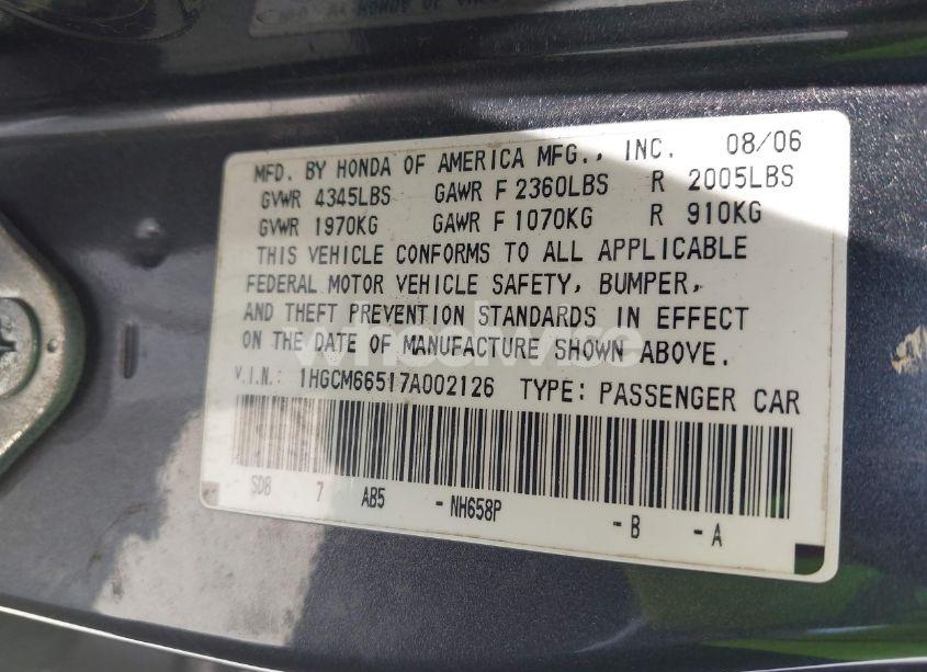 Photo 9 of 2007 Honda Accord 3.0 EX (VIN 1HGCM66517A002126)