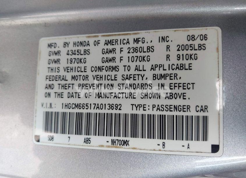 Photo 9 of 2007 Honda Accord 3.0 EX (VIN 1HGCM66517A013692)