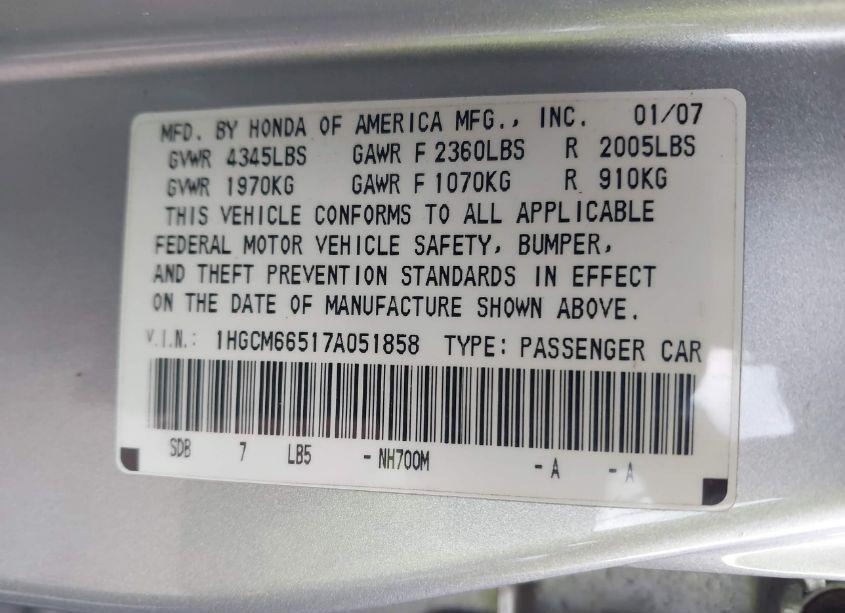 Photo 9 of 2007 Honda Accord 3.0 EX (VIN 1HGCM66517A051858)