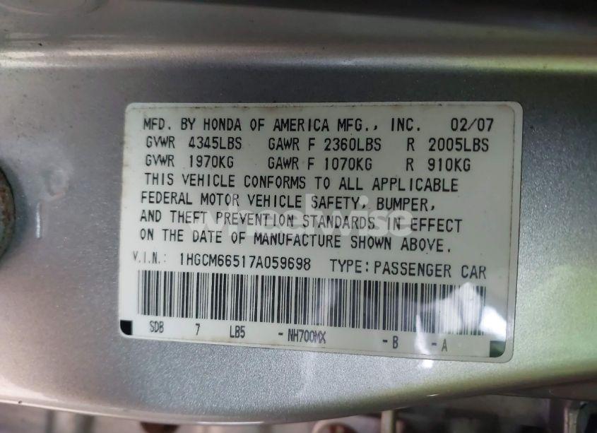 Photo 9 of 2007 Honda Accord 3.0 EX (VIN 1HGCM66517A059698)