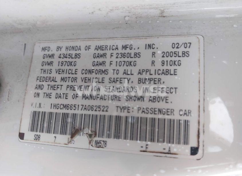 Photo 9 of 2007 Honda Accord 3.0 EX (VIN 1HGCM66517A062522)
