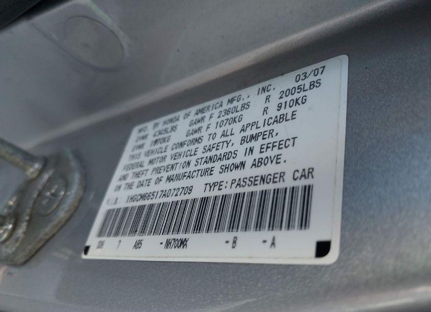 Photo 9 of 2007 Honda Accord 3.0 EX (VIN 1HGCM66517A072709)