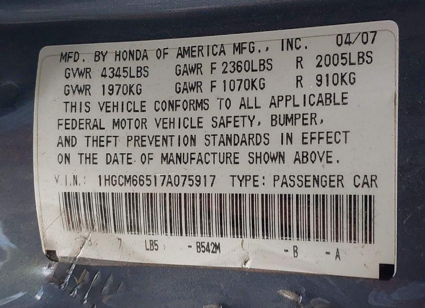 Photo 9 of 2007 Honda Accord 3.0 EX (VIN 1HGCM66517A075917)