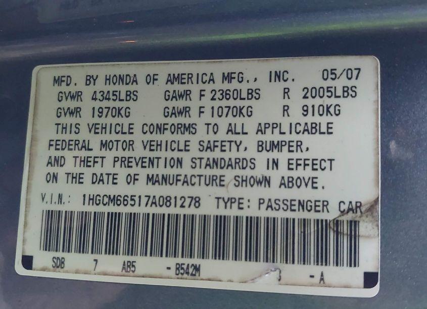 Photo 9 of 2007 Honda Accord 3.0 EX (VIN 1HGCM66517A081278)