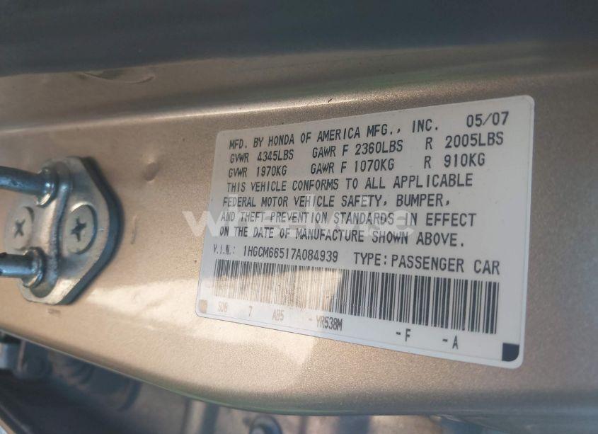 Photo 9 of 2007 Honda Accord 3.0 EX (VIN 1HGCM66517A084939)