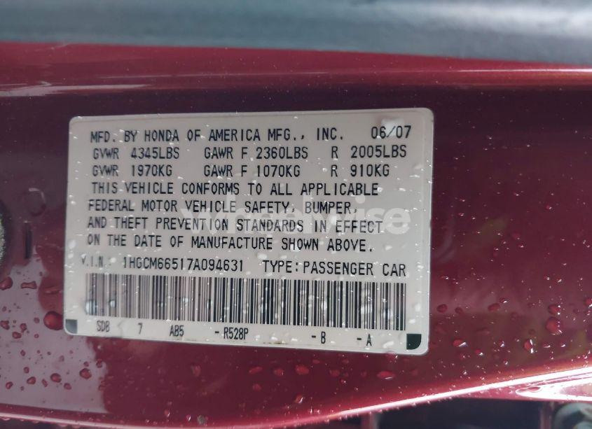 Photo 9 of 2007 Honda Accord 3.0 EX (VIN 1HGCM66517A094631)