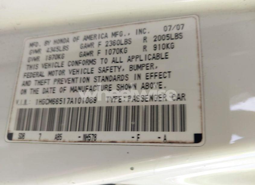 Photo 9 of 2007 Honda Accord 3.0 EX (VIN 1HGCM66517A101089)