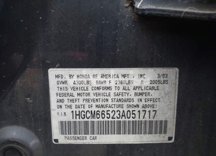 Photo 9 of 2003 Honda Accord 3.0 EX (VIN 1HGCM66523A051717)