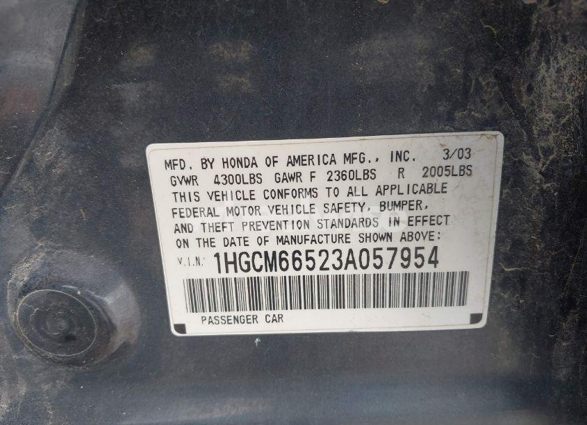 Photo 9 of 2003 Honda Accord 3.0 EX (VIN 1HGCM66523A057954)