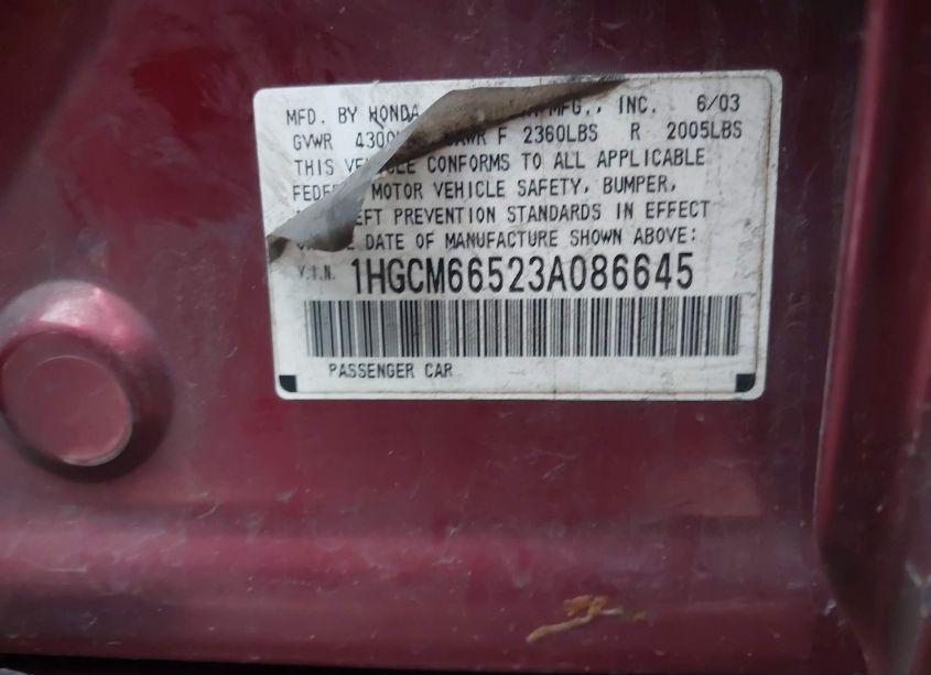 Photo 9 of 2003 Honda Accord 3.0 EX (VIN 1HGCM66523A086645)