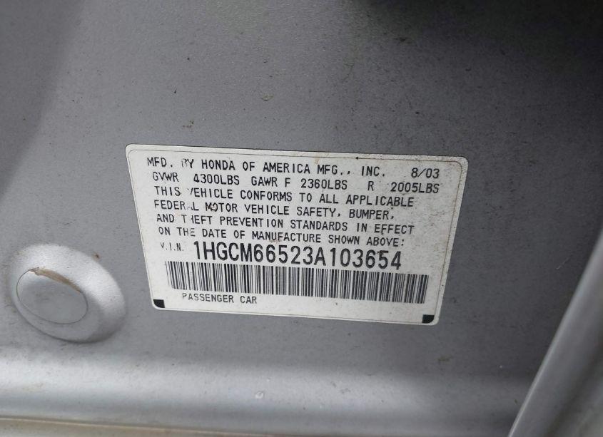 Photo 9 of 2003 Honda Accord 3.0 EX (VIN 1HGCM66523A103654)