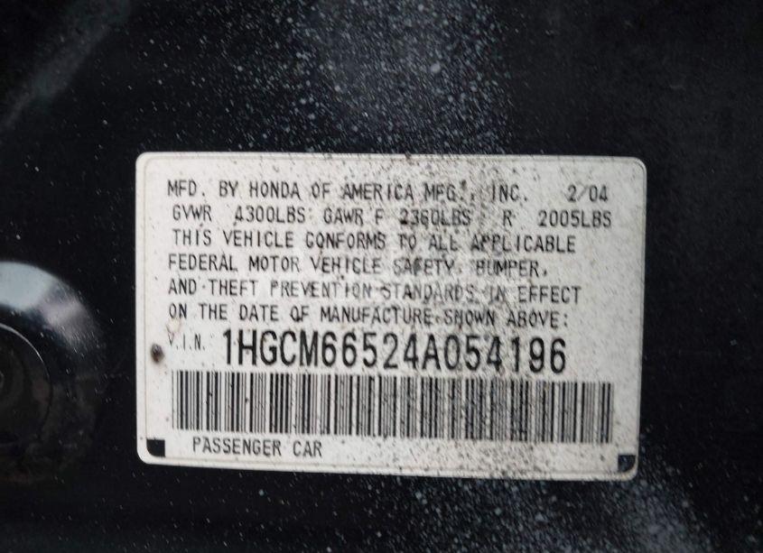 Photo 9 of 2004 Honda Accord 3.0 EX (VIN 1HGCM66524A054196)