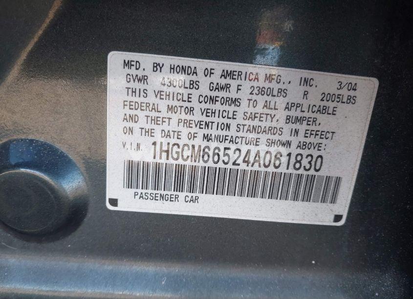 Photo 9 of 2004 Honda Accord 3.0 EX (VIN 1HGCM66524A061830)