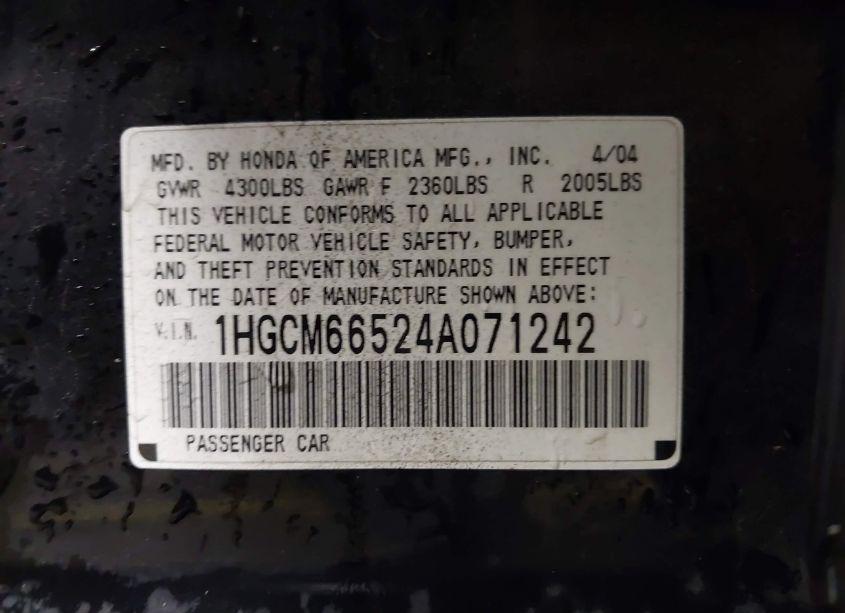 Photo 9 of 2004 Honda Accord 3.0 EX (VIN 1HGCM66524A071242)