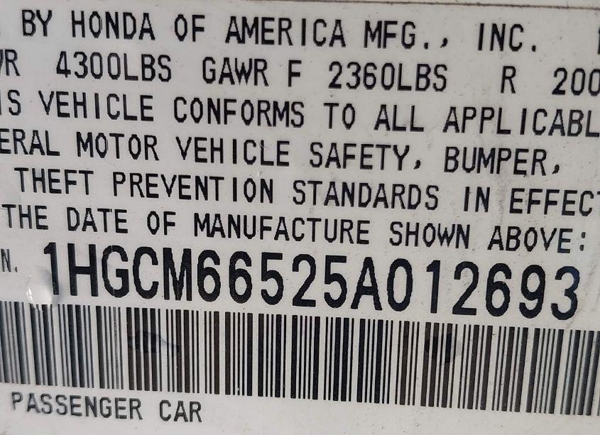 Photo 9 of 2005 Honda Accord 3.0 EX (VIN 1HGCM66525A012693)