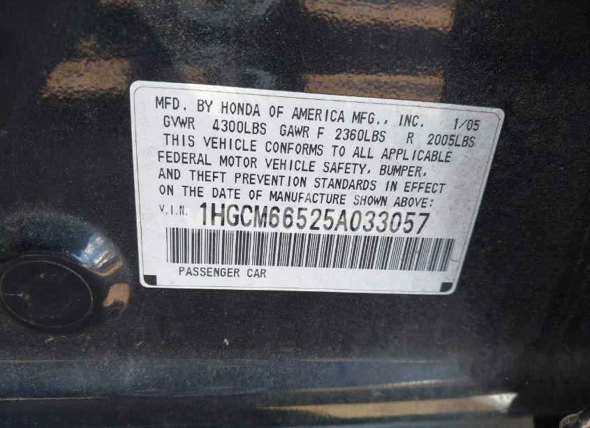 Photo 9 of 2005 Honda Accord 3.0 EX (VIN 1HGCM66525A033057)