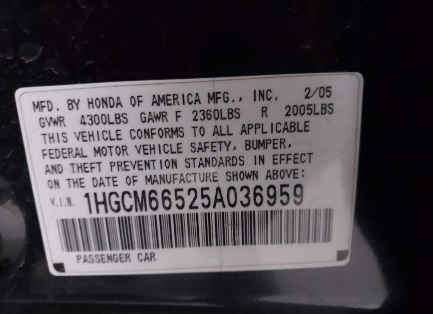 Photo 9 of 2005 Honda Accord 3.0 EX (VIN 1HGCM66525A036959)