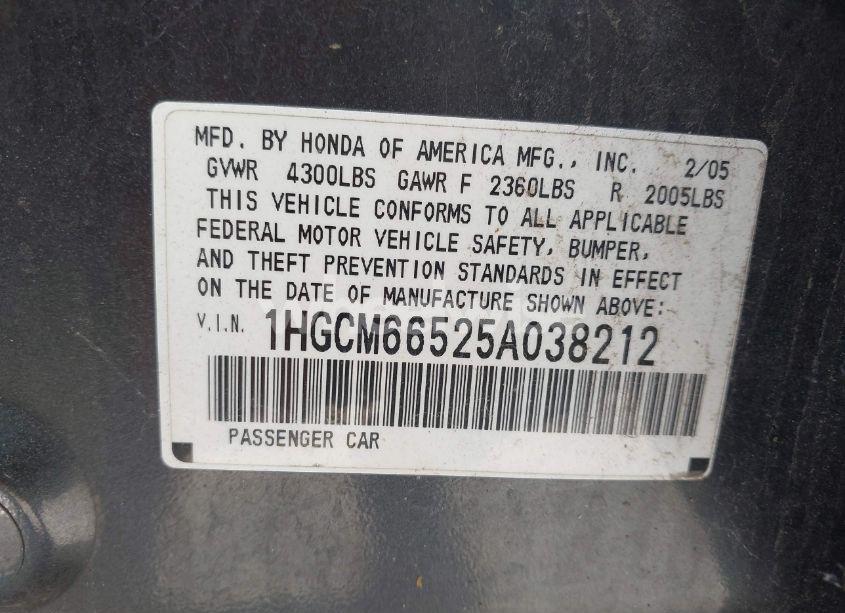 Photo 9 of 2005 Honda Accord 3.0 EX (VIN 1HGCM66525A038212)