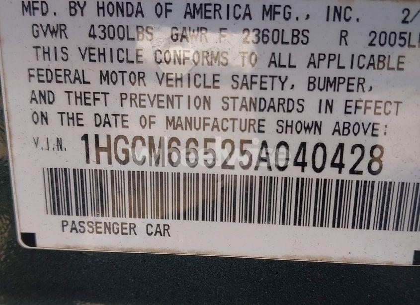 Photo 9 of 2005 Honda Accord 3.0 EX (VIN 1HGCM66525A040428)