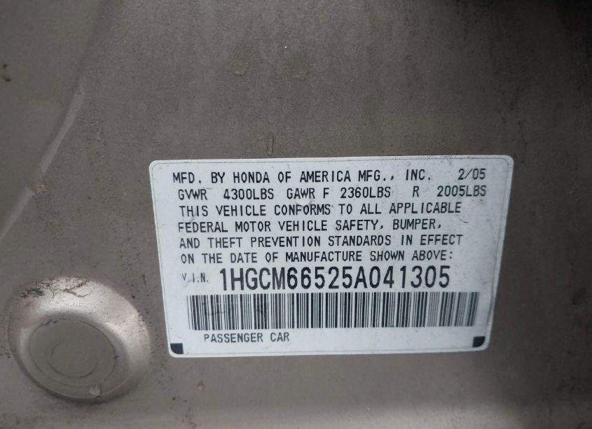 Photo 9 of 2005 Honda Accord 3.0 EX (VIN 1HGCM66525A041305)