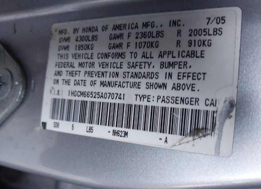 Photo 9 of 2005 Honda Accord 3.0 EX (VIN 1HGCM66525A070741)