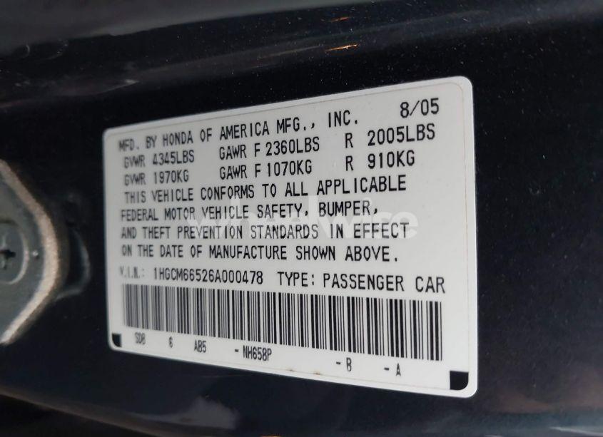 Photo 9 of 2006 Honda Accord 3.0 EX (VIN 1HGCM66526A000478)