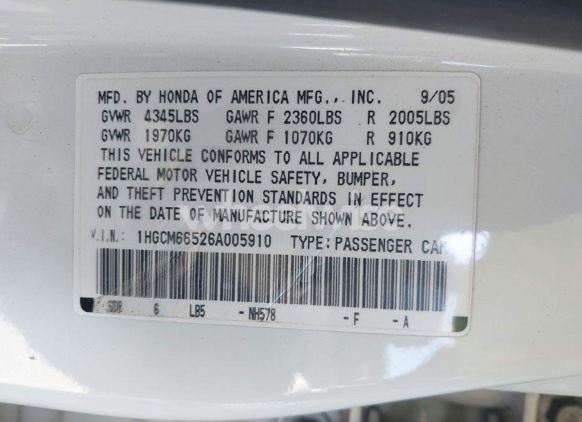 Photo 9 of 2006 Honda Accord 3.0 EX (VIN 1HGCM66526A005910)