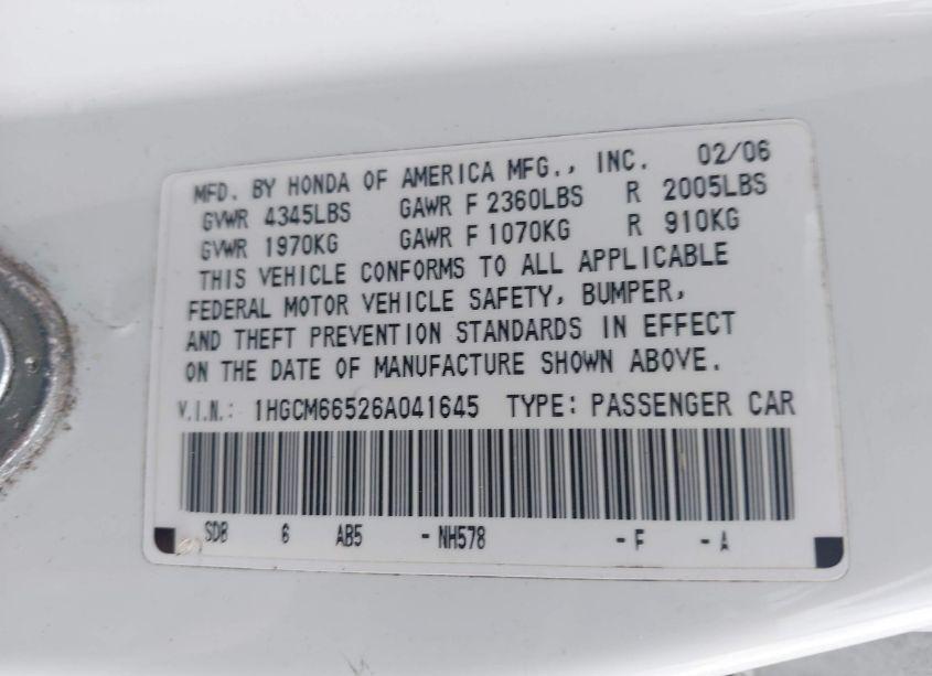 Photo 9 of 2006 Honda Accord 3.0 EX (VIN 1HGCM66526A041645)