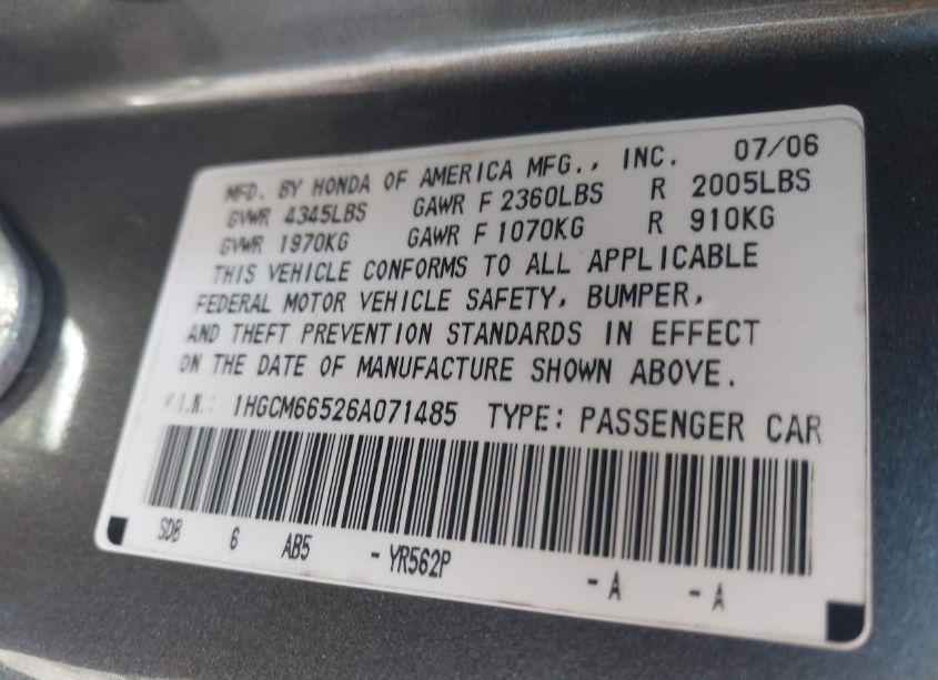 Photo 9 of 2006 Honda Accord 3.0 EX (VIN 1HGCM66526A071485)