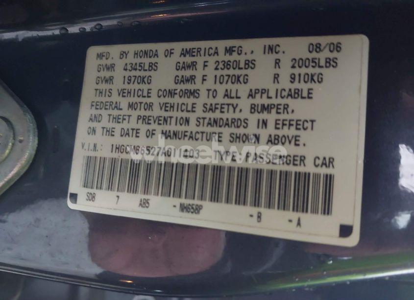 Photo 9 of 2007 Honda Accord 3.0 EX (VIN 1HGCM66527A011403)