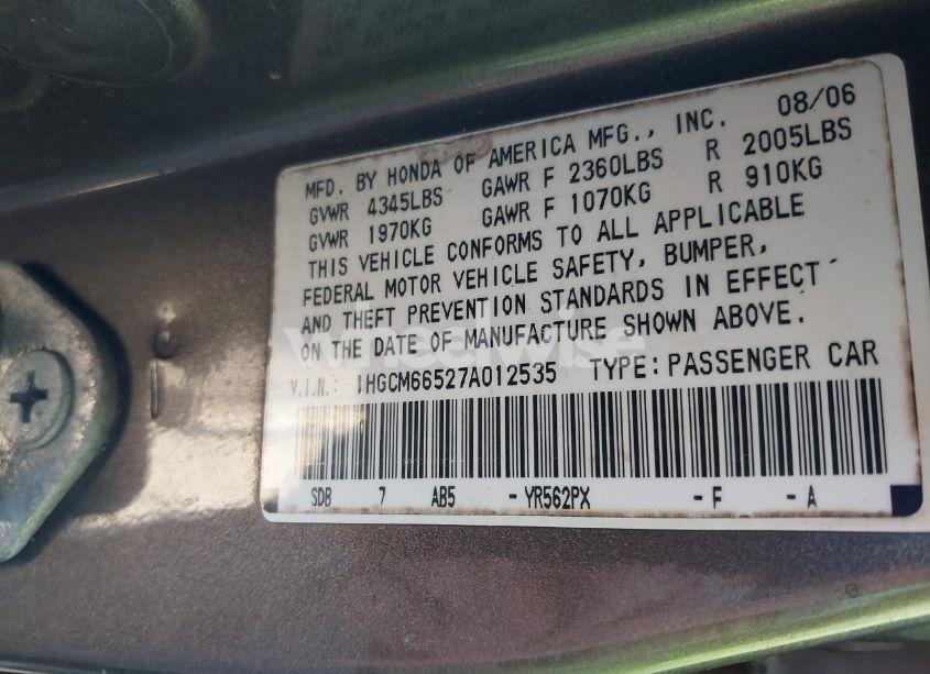 Photo 9 of 2007 Honda Accord 3.0 EX (VIN 1HGCM66527A012535)