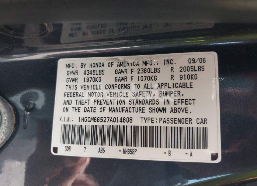 Photo 9 of 2007 Honda Accord 3.0 EX (VIN 1HGCM66527A014608)