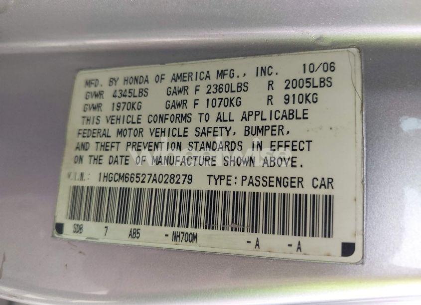 Photo 9 of 2007 Honda Accord 3.0 EX (VIN 1HGCM66527A028279)