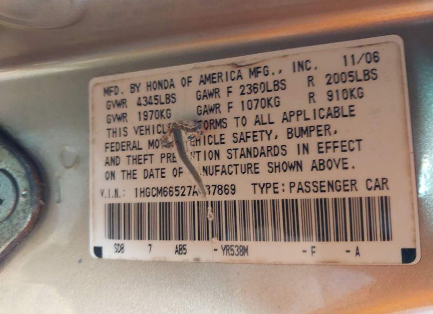 Photo 9 of 2007 Honda Accord 3.0 EX (VIN 1HGCM66527A037869)