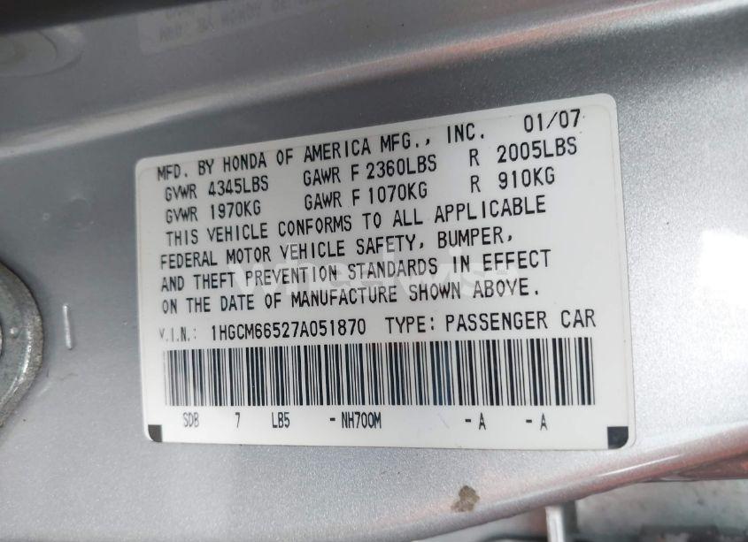 Photo 9 of 2007 Honda Accord 3.0 EX (VIN 1HGCM66527A051870)