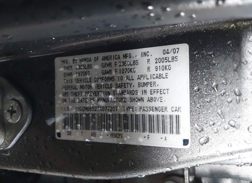 Photo 9 of 2007 Honda Accord 3.0 EX (VIN 1HGCM66527A077207)