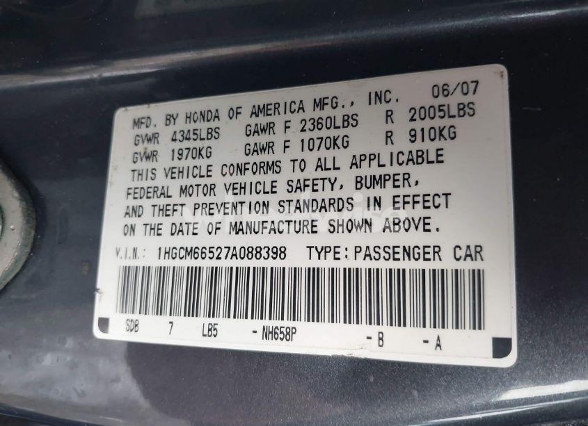 Photo 9 of 2007 Honda Accord 3.0 EX (VIN 1HGCM66527A088398)
