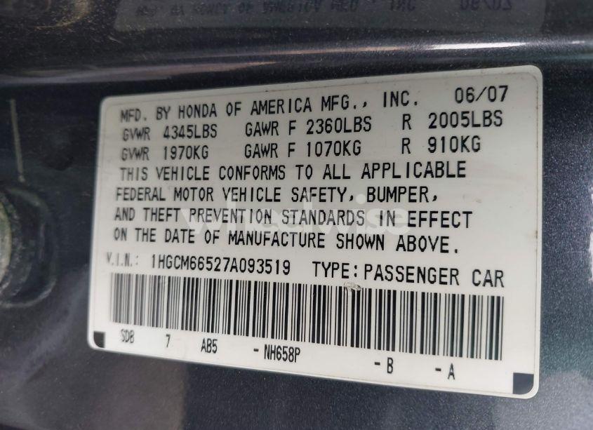 Photo 9 of 2007 Honda Accord 3.0 EX (VIN 1HGCM66527A093519)