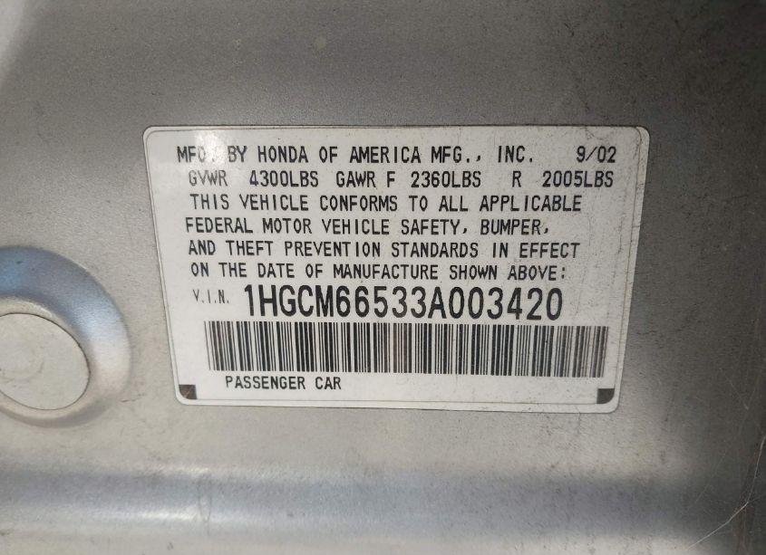 Photo 9 of 2003 Honda Accord 3.0 EX (VIN 1HGCM66533A003420)