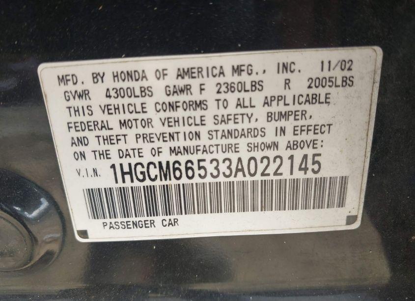 Photo 9 of 2003 Honda Accord 3.0 EX (VIN 1HGCM66533A022145)