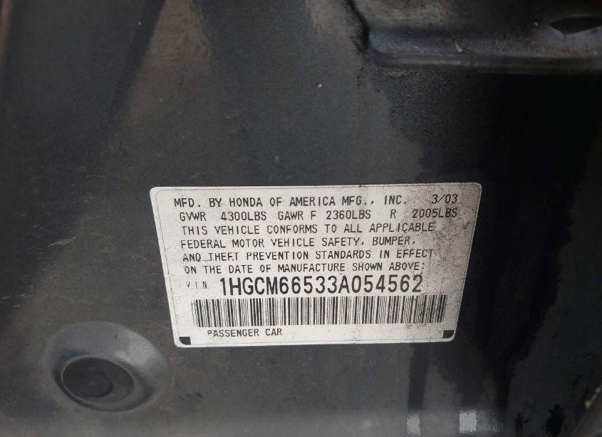 Photo 9 of 2003 Honda Accord 3.0 EX (VIN 1HGCM66533A054562)