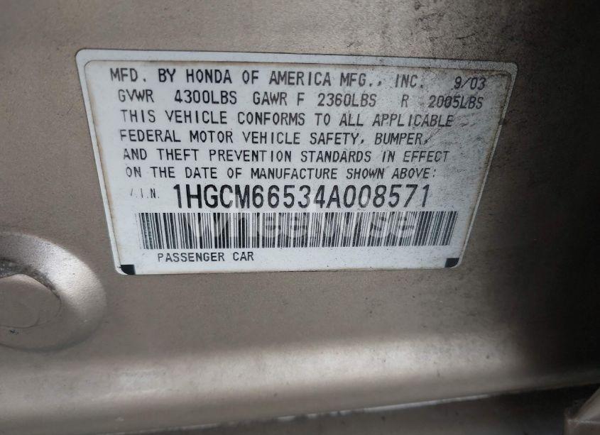 Photo 9 of 2004 Honda Accord 3.0 EX (VIN 1HGCM66534A008571)