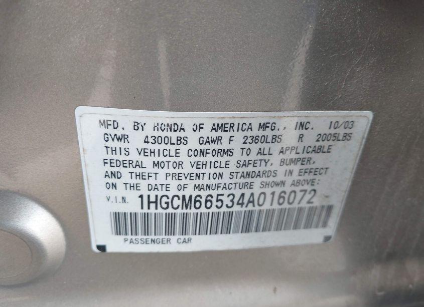 Photo 9 of 2004 Honda Accord 3.0 EX (VIN 1HGCM66534A016072)