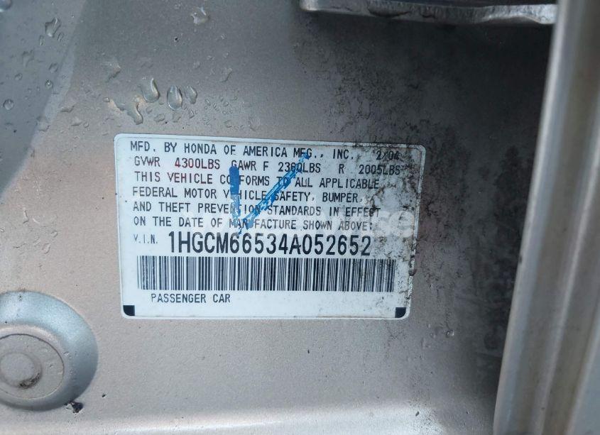 Photo 9 of 2004 Honda Accord 3.0 EX (VIN 1HGCM66534A052652)