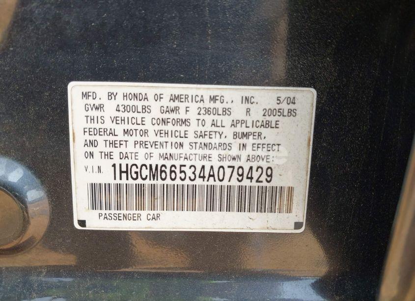 Photo 9 of 2004 Honda Accord 3.0 EX (VIN 1HGCM66534A079429)