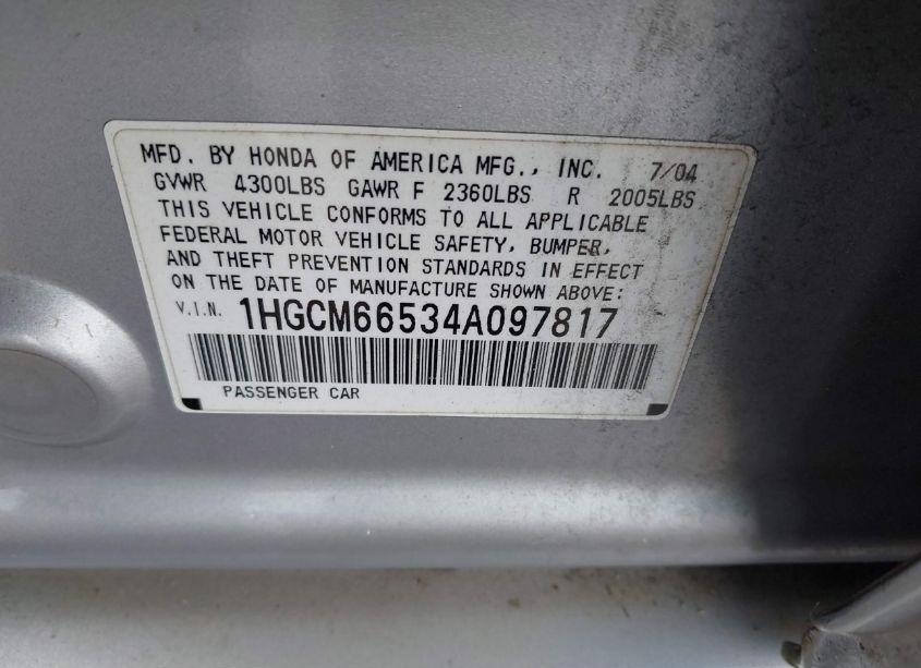 Photo 9 of 2004 Honda Accord 3.0 EX (VIN 1HGCM66534A097817)