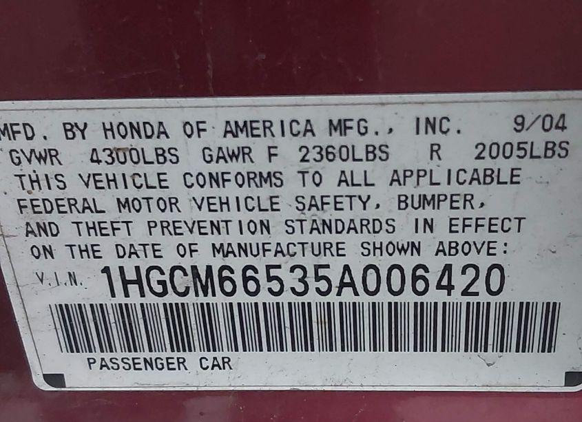 Photo 9 of 2005 Honda Accord 3.0 EX (VIN 1HGCM66535A006420)