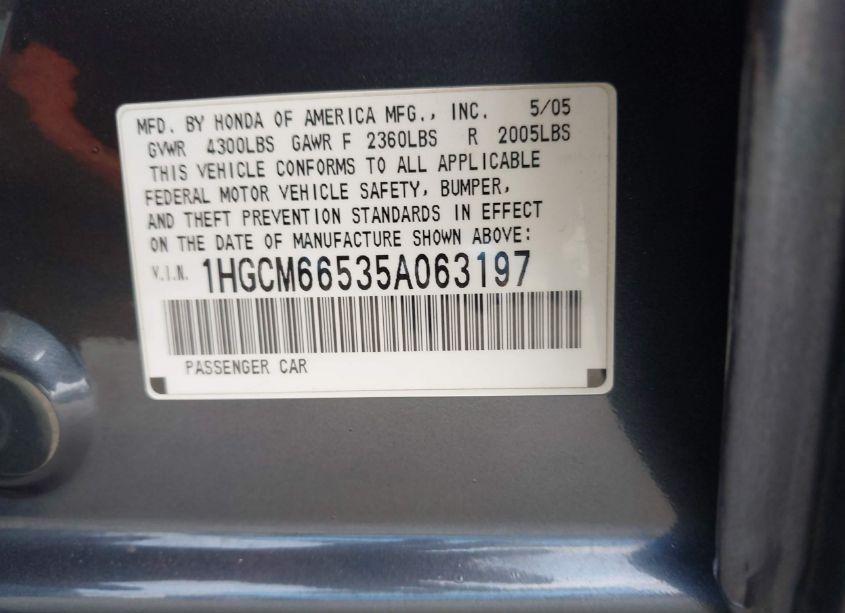 Photo 9 of 2005 Honda Accord 3.0 EX (VIN 1HGCM66535A063197)