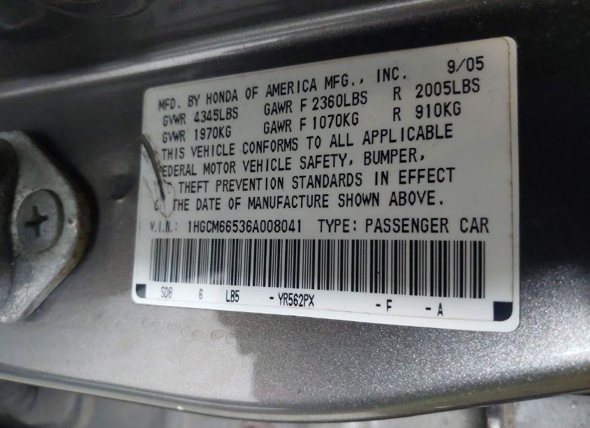 Photo 9 of 2006 Honda Accord 3.0 EX (VIN 1HGCM66536A008041)