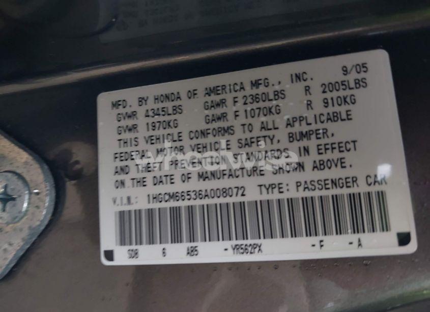 Photo 9 of 2006 Honda Accord 3.0 EX (VIN 1HGCM66536A008072)